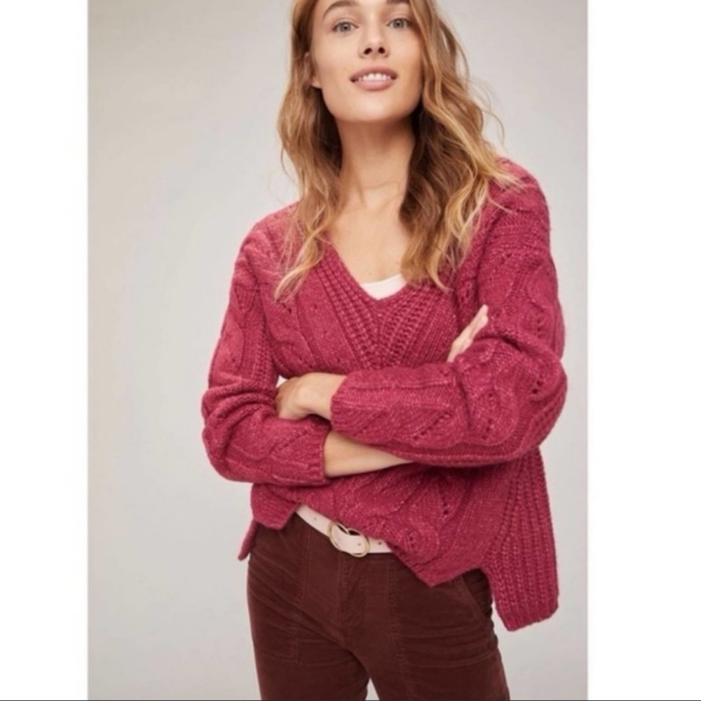 Anthropologie Ramona Dark Pink Vneck Cable Knit Sweater Chunky Oversized… - Picture 2 of 13